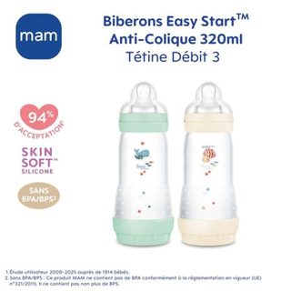 MAM Biberon Easy Start 320ml Silicone Anticolique Lot de 2 Menta Coton