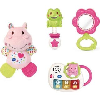 VTech Coffret Cadeau Naissance Éveil des Sens Rose avec Peluche Hippopotame et Piano à Lumières et Sons