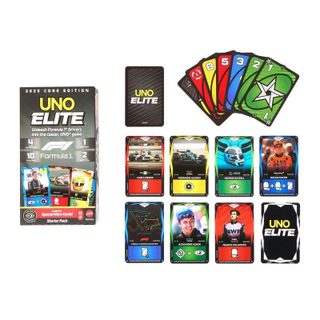 Mattel Jeu de cartes UNO Elite F1 GAMES Starter Set 112 cartes 4 boosters Elite Action 2 cartes collectors