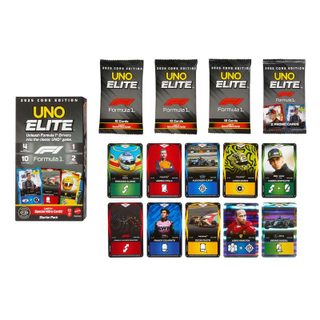 Mattel Jeu de cartes UNO Elite F1 GAMES Starter Set 112 cartes 4 boosters Elite Action 2 cartes collectors