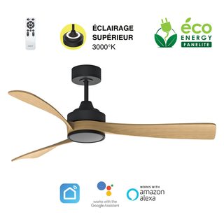 Fanelite - Ventilateur De Plafond 132 Cm Noir Et Bois Manihi - Moteur Dc 35w - Led 20w3 Couleurs + Led Superieure 2w 3000k