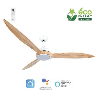 Fanelite - Ventilateur De Plafond 164 Cm Blanc Et Bois Zena - Moteur Dc 35w - Led 20w Dimmable 3 Couleurs - Wifi &contrôles Vocaux