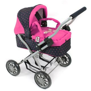 Poussette Pour Poupée Smarty - Rose Fleuri Et Marine À Pois
