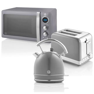 Retro Set Petit-déjeuner Bouilloire 1,8l Grille-pain 2 Tranches Micro-ondes 20l Swan Strp2070grneu Gris 850w