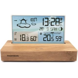 Réveil Station Météo Bois Clair Affichage Température, Hygrométrie, Double Alarme, Usb-c, Sonde Sans Fil