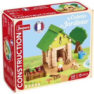Jeujura La Cabane du Jardinier 60 Pieces - Jeu de Construction en Bois Naturel, Tapis et Accessoires Inclus, 22x18,5x8,5 cm