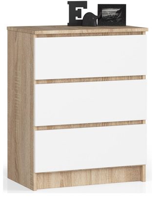 Commode Akord K60 Chêne Sonoma 60 Cm 3 Tiroirs Façade Blanche 60x40x77 Cm