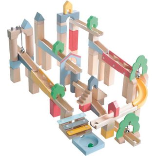 Circuit A Billes En Bois - 20 Billes En Verre - 60 Briques De Construction - Naturel / Ciel / Jaune / Corail