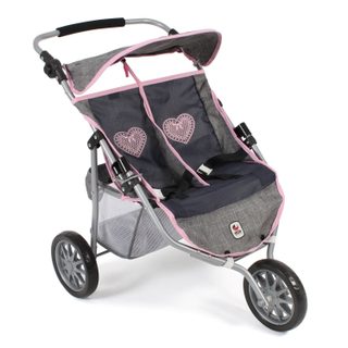 Poussette Jogger 3 Roues Pour Poupées Jumelles Gris Bleu Marine