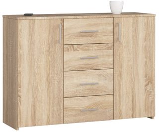 Commode Akord K45 Chêne Sonoma 110 Cm 2 Portes 4 Tiroirs Façade Chêne Sonoma 4 Étagères 110x35x80 Cm