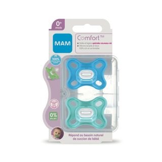 MAM Sucette Comfort Bleu - 0+ Mois - Silicone - Boîte Stérilisation x2