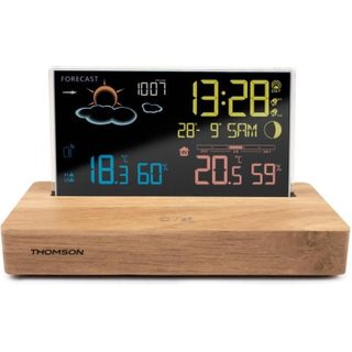 Réveil Station Météo Bois Foncé Affichage Température, Hygrométrie, Double Alarme, Usb-c, Sonde Sans Fil