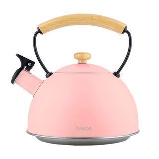 Bouilloire À Induction Théière Sifflet 2,3l Acier Inox. Retro, Poignée En Bois Briebe Pastel Rose