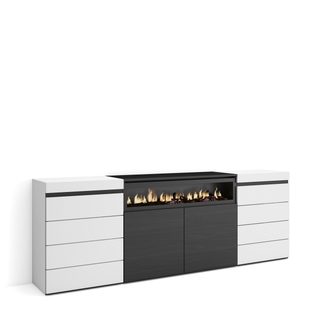 Commode, Buffet, Armoire, 214x35x75cm, Chambre À Coucher, Pièce, Cheminée Électrique, Blanc Et Noir