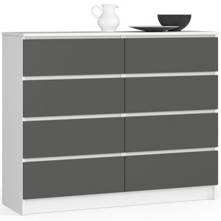 Commode Akord K120 Blanche 120 Cm 8 Tiroirs Façade Gris Graphite 120x40x99 Cm