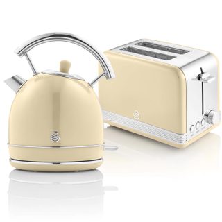 Retro Set Petit-déjeuner Bouilloire 1,8l Sans Fil, Grille-pain 2 Larges Tranches Swan Stp7050cneu Crème 850w