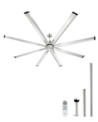 Vevor Ventilateur Plafond Sans Lumière 214 Cm, 8 Pales Alu, Télécommande. Moteur Cc, Nickel Brossé.