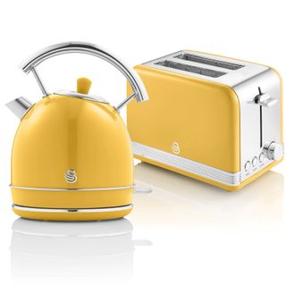 Retro Set Petit-déjeuner Bouilloire 1,8l Sans Fil, Grille-pain 2 Larges Tranches Swan Stp7050yelneu Jaune 850w