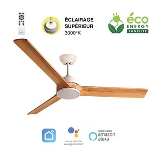 Fanelite - Ventilateur De Plafond 132 Cm Blanc Et Bois Balabio - Moteur Dc 36w - Led 20w Dimmable 3 Couleurs + Led Superieure 2w