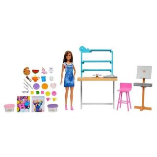 Barbie Bien-etre Coffret Atelier D'art Créer Et Se Détendre, Avec Poupée, Pâte A Modeler Et Accessoires, Hcm85