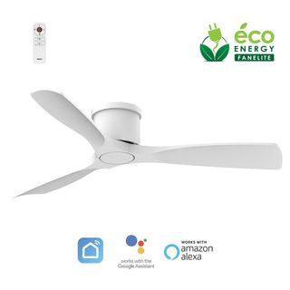 Fanelite - Ventilateur De Plafond 132 Cm Blanc Koro - Sans Lumière - Moteur Dc 35w - Extra Plat - Wifi – Contrôle Vocal - 3 Pales