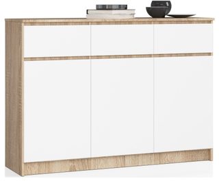 Commode Akord K140 Chêne Sonoma 138 Cm 3 Portes 3 Tiroirs Façade Blanche 6 Étagères 138x40x99 Cm