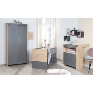 Chambre Bébé Complete : Lit 60 X 120 Cm + Commode A Langer + Armoire - Anna - Chene Kent / Anthracite