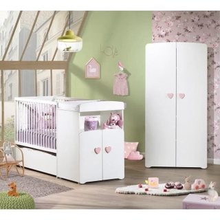 Baby Price Lit bébé combiné évolutif - Basic - Blanc - Bouton cœur rose -60 x 120 cm
