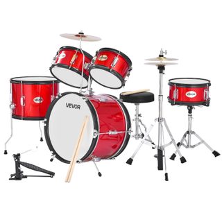 Vevor Batterie Enfants Débutants Rouge 5 Pcs​ Avec Siège Et Grosse Caisse 45 Cm