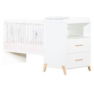 Lit Combiné - 120x60cm - Evolutif En 90x190cm - Babyprice Joy Naturel - Blanc Sur Pieds En Bois Naturel