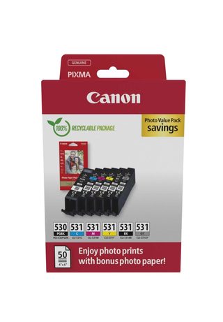Cartouches D’encre Canon Pgi-530 Cli-531 Pg C M Y B Sec Pap 50 Feuilles Photo 10x15 Cm Multicolore