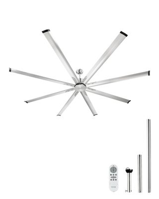 Vevor Ventilateur Plafond Sans Lumière 243 Cm, 8 Pales Alu, Télécommande, Nickel Brossé.