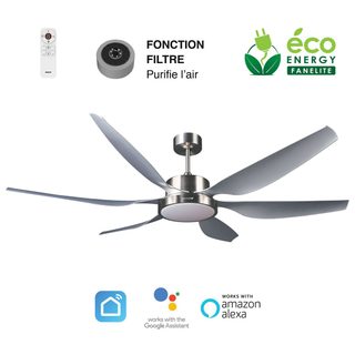 Fanelite - Ventilateur De Plafond 168 Cm Gris Huahine - Moteur Dc 55w - Led 22w 3 Couleurs - Silence + Purificateur D'air Inclus