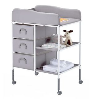 VEVOR Table à langer portable. Plan avec 3 tiroirs tissu, roulettes verrouillables, réglable. Pour chambre enfant. Gris.