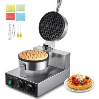 VEVOR Gaufrier commercial 1230W, appareil gaufre ronde inox antiadhésive, contrôle temperature temps.