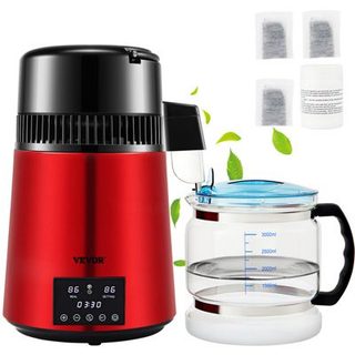 VEVOR Distillateur d'eau 4L inox 750W, 1L/h, réglable température/temps, récipient verre, pour maison/bureau/, rouge.