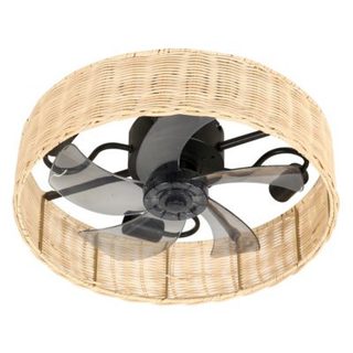Ventilateur de plafond Alyzia 40cm - Cage rotin - 5 pales - 4 E27 - Moteur DC