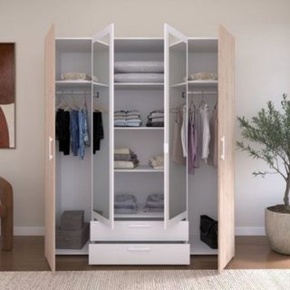 Armoire VARIA - Décor chêne et blanc - 4 portes battantes + 2 miroirs + 2 tiroirs - L 160 x H 185 x P 52 cm - PARISOT