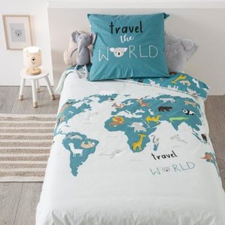 Parure de lit imprimée carte du monde 140x200cm - Atmosphera Créateur d'intérieur