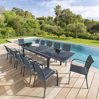 Table de jardin extensible "Piazza" anthracite & graphite 12 places en aluminium traité époxy - Hespéride