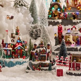 Village lumineux atelier cadeaux et train 12 led h.21,5cm musical et  - feeric lights & christmas