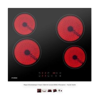 Table de cuisson vitrocéramique 60cm 4 feux 6000w noir Hyundai HY-PLVIT4-001