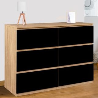 Commode 6 tiroirs TOMI 110 cm bois façon hêtre et noir