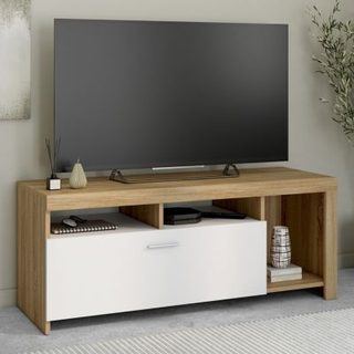 Meuble TV 110 cm MALO bois et placard blanc