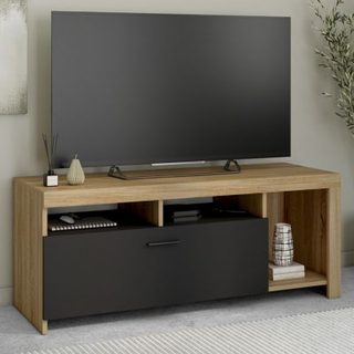 Meuble TV 110 cm MALO bois et placard noir
