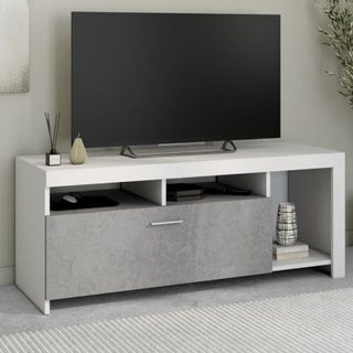 Meuble TV 110 cm MALO blanc et placard effet béton