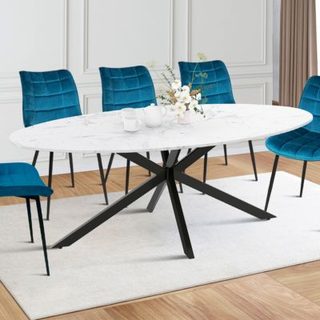 Table à manger ovale ALIX 10 personnes pied araignée noir et plateau effet marbre blanc ALASKA 200 cm