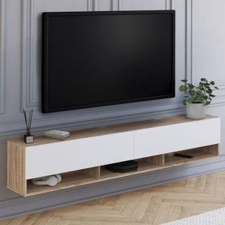 Meuble TV 180 cm suspendu ELIO 2 portes avec étagère bois et blanc