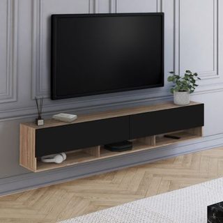 Meuble TV 180 cm suspendu ELIO 2 portes avec étagère bois et noir