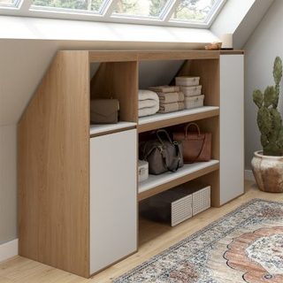 Ensemble étagère 2 niveaux, armoire 1 porte et armoire 1 porte + 1 niche sous pente TOMI hêtre et blanc